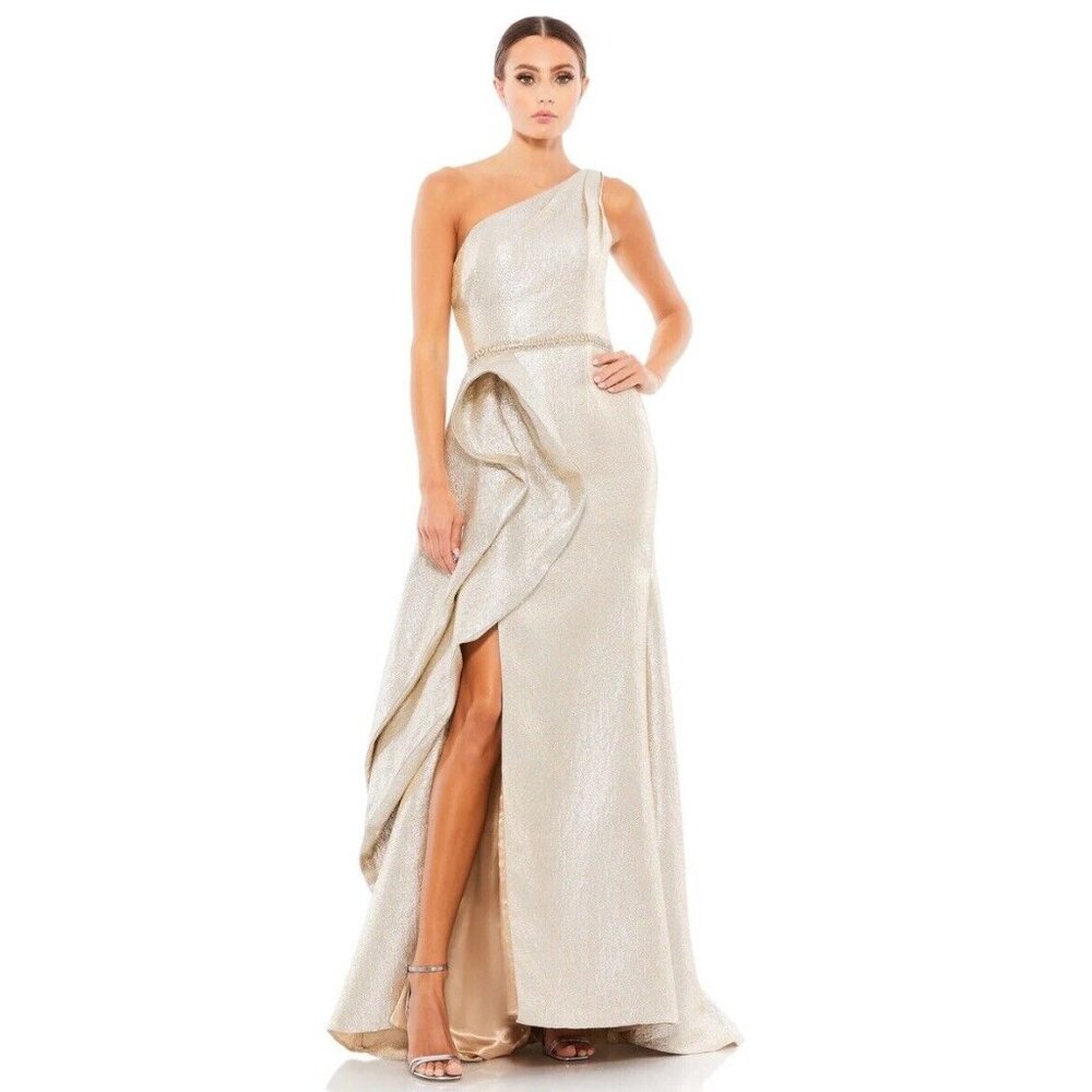 Mac Duggalโ One Shoulder Metallic Ruffled Evening Gown Dress Size 2 Oyster $598